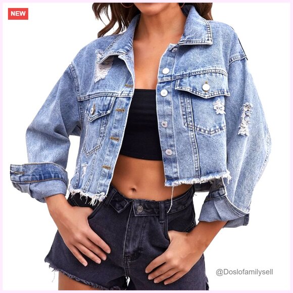 Cropped Denim Jacket Distressed Frayed Hem Ripped Holes Cotton Material